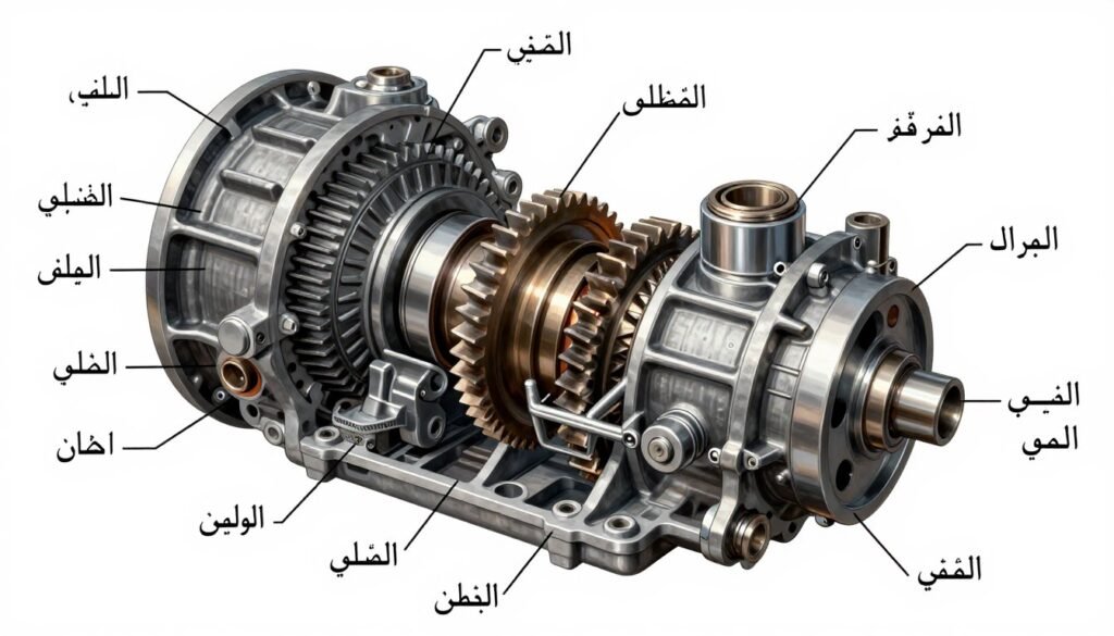 المكونات الداخلية للقير الأوتوماتيكي مع شرح لكل جزء ودوره في نقل الحركة