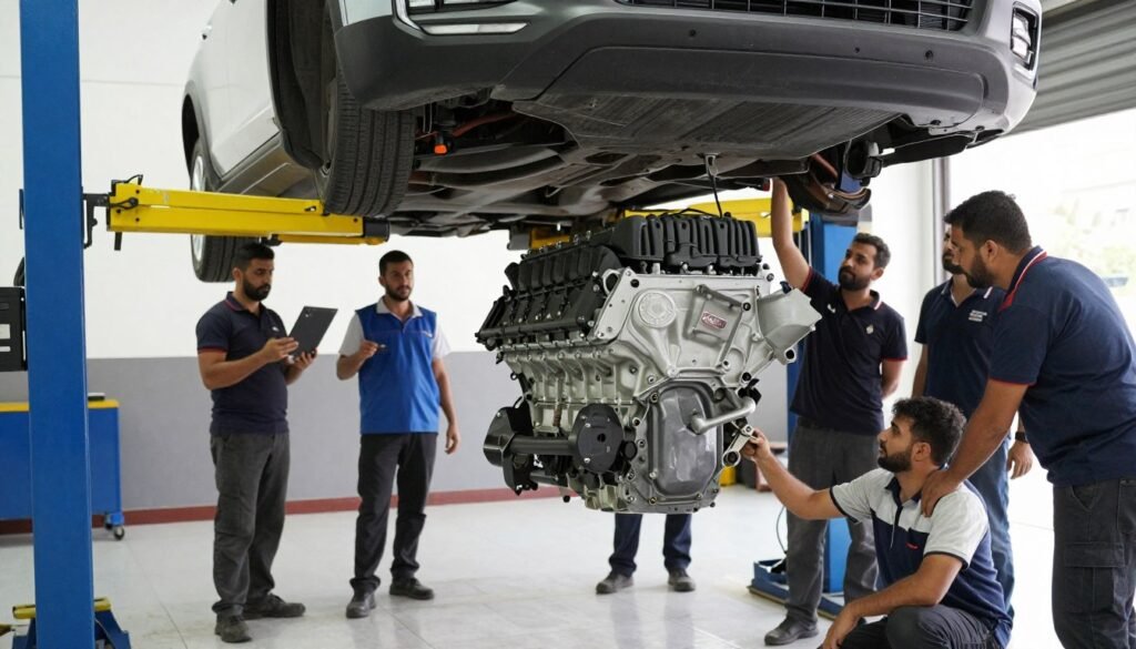 تركيب مكينة جديدة لسيارة في ورشة المحترف الأول بالرياض