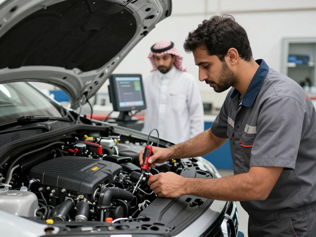 تصليح مكائن سيارات الرياض - فني يقوم بفحص محرك سيارة