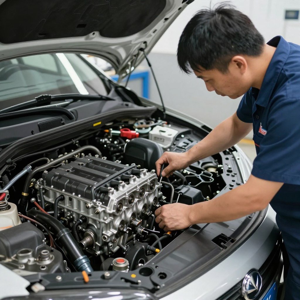 فحص ميكانيكي لمحرك سيارة في مركز اصلاح المكائن سيارات في الرياض