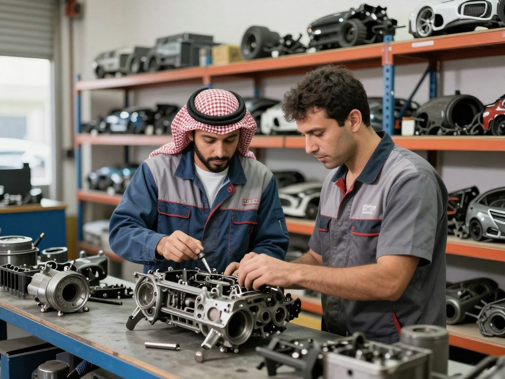 فريق العمل المتخصص في تشليح السلي يقوم بفحص قطع الغيار