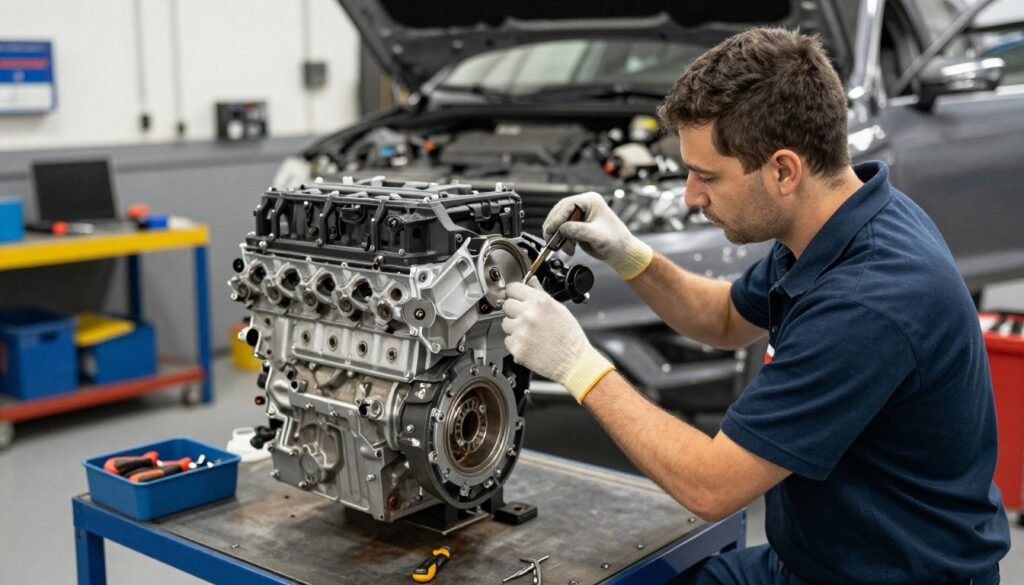 فريق متخصص يعمل على تركيب مكائن سيارات مستوردة