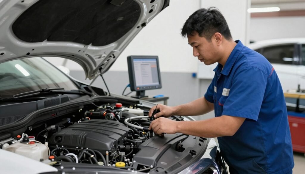 فني يقوم بفحص مكائن صيني سيارات في الرياض