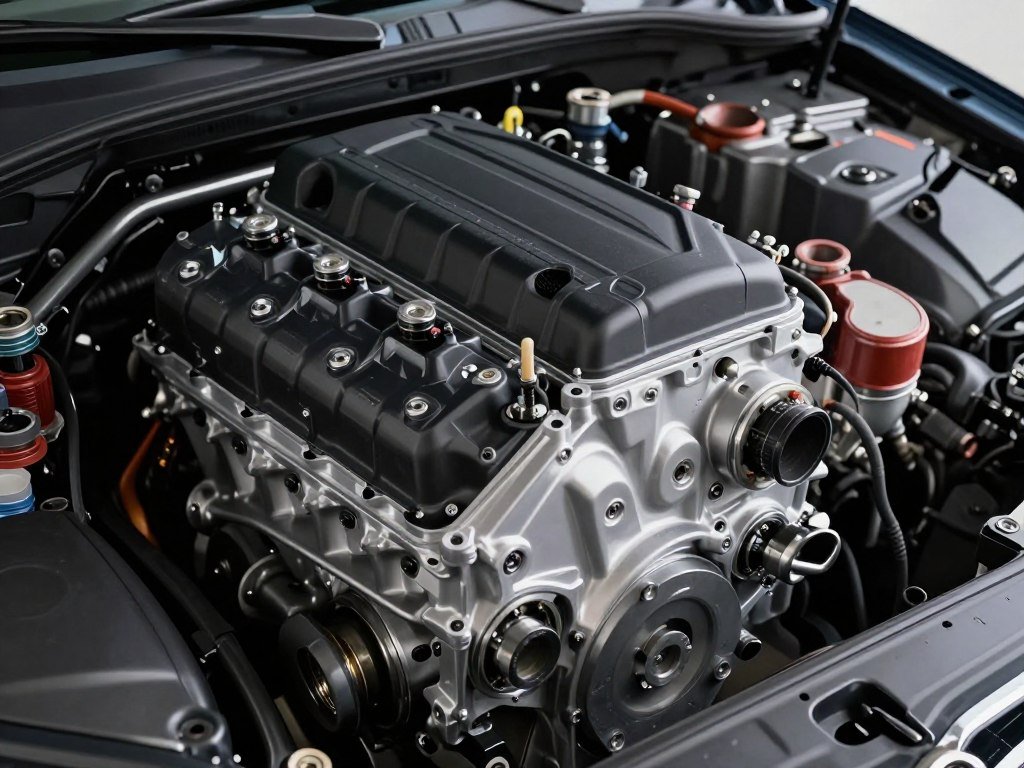 ماكينة سيارات حديثة تظهر المكونات الرئيسية للمحرك