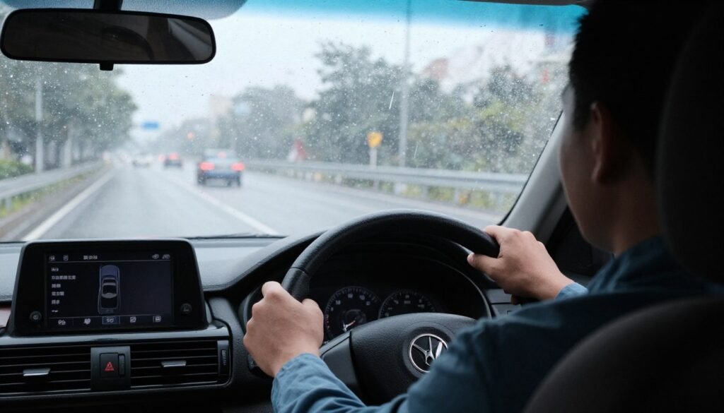 سائق يقود بحذر في ظروف جوية سيئة