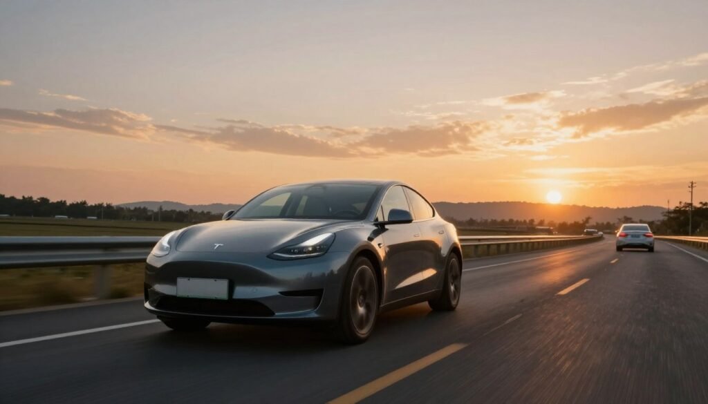 سيارة تسير على طريق جميل عند الغروب