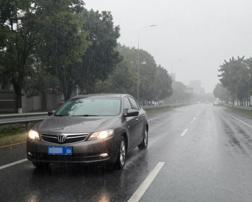 سيارة تقود في المطر الغزير
