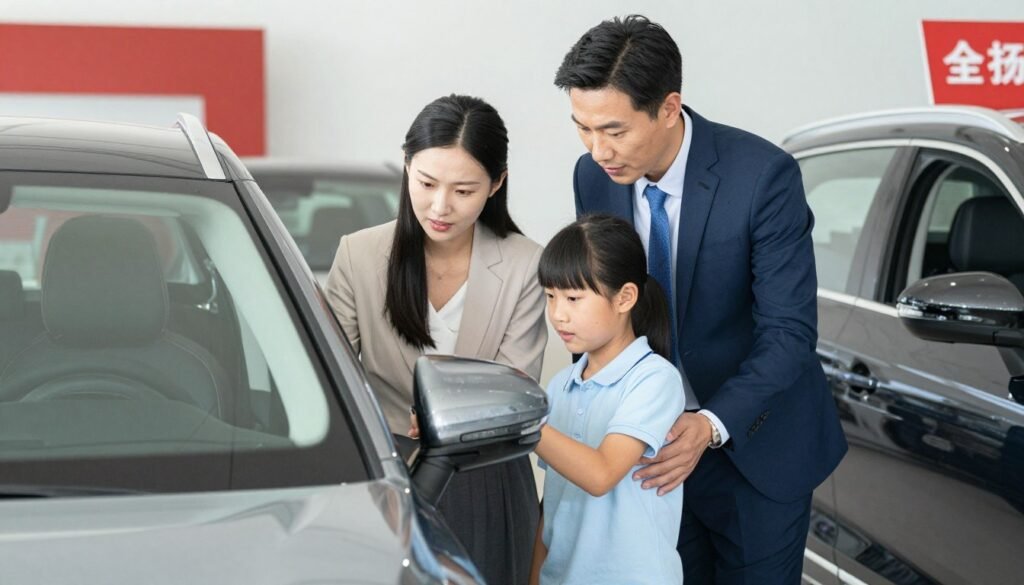 عائلة تختار سيارة في معرض سيارات