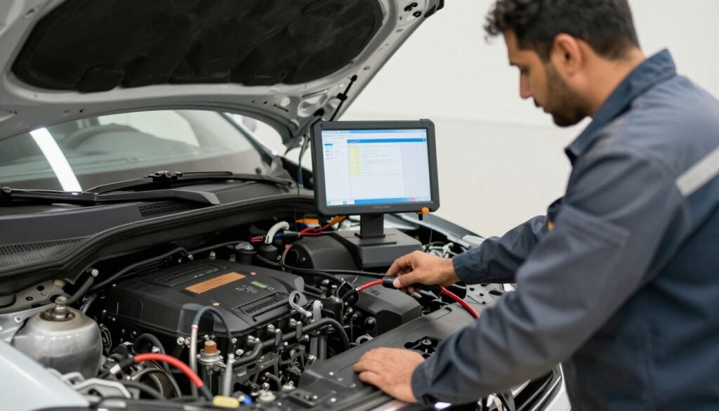 فحص محرك سيارة من قبل فني متخصص