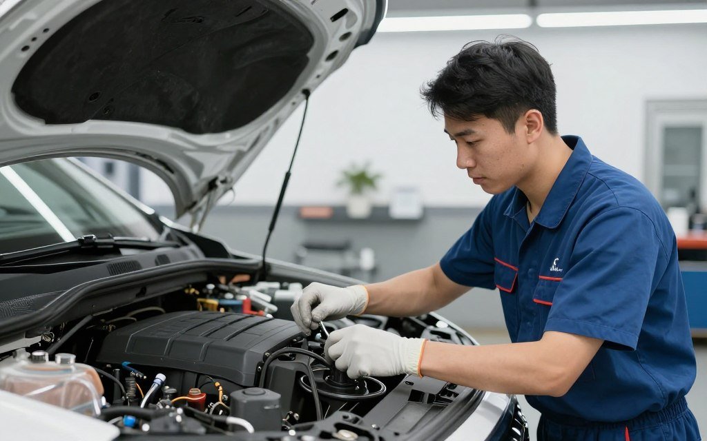فني محترف يعمل على سيارة في ورشة حديثة
