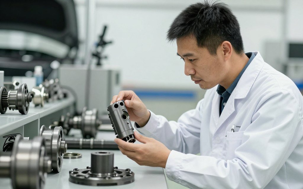 فني يفحص جودة قطعة غيار