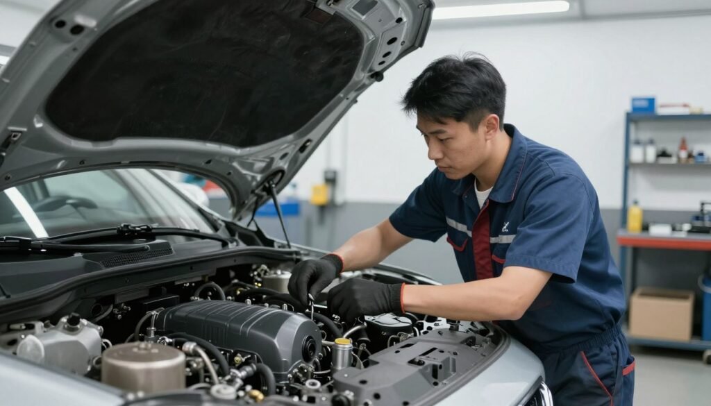 فني يقوم بصيانة محرك سيارة في ورشة