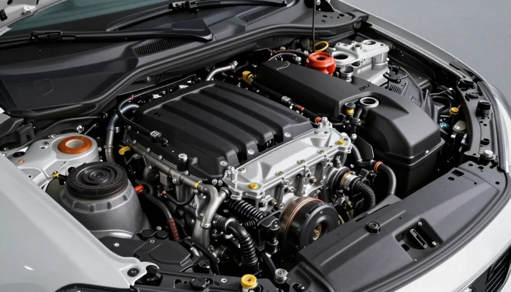 محرك سيارة حديث مفتوح يظهر مكوناته الداخلية